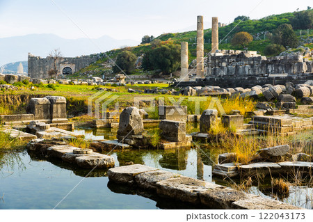 Ruined Temples of Leto, Apollo and Artemis near lake in Letoon, Turkey Ruined Temples of Leto, Apollo and Artemis near lake in Letoon, Turkey 122043173