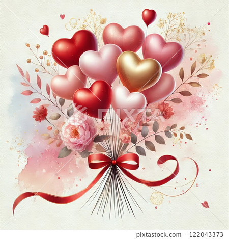 Heart-Shaped Balloons Bouquet with Floral Design 122043373