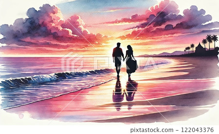 Romantic Stroll on Sunset Beach 122043376