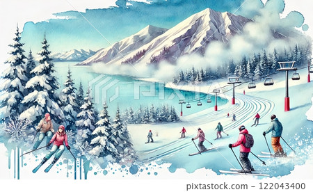Skiers Enjoying Snowy Slopes by Mountain Lake 122043400