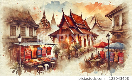 Traditional Market Near Ornate Asian Temple Traditional Market Near Ornate Asian Temple 122043408