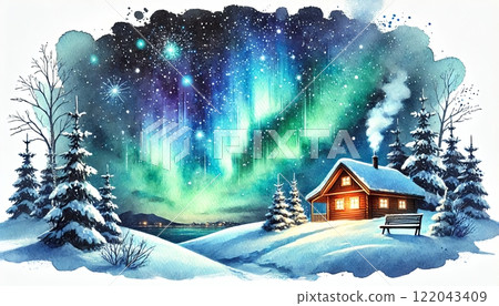 Cozy Cabin Under Northern Lights in Winter Cozy Cabin Under Northern Lights in Winter 122043409