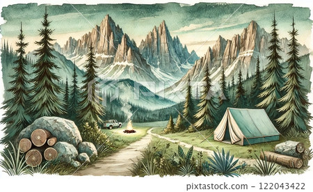 Mountain Camping Scene with Tent and Campfire 122043422