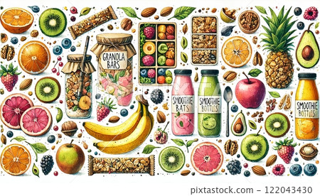Healthy Snacks and Smoothie Ingredients Illustration 122043430