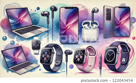 Modern Tech Gadgets: Smartphones, Laptops, Watches, Earbuds Modern Tech Gadgets: Smartphones, Laptops, Watches, Earbuds 122043454
