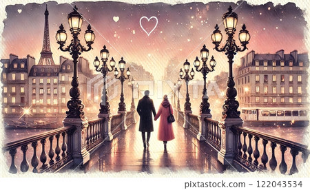 Romantic Walk on Parisian Bridge at Twilight Romantic Walk on Parisian Bridge at Twilight 122043534
