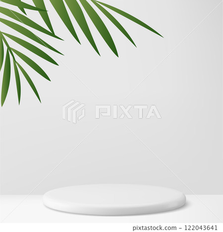 Modern Minimalist White Pedestal Display with Tropical Palm Leaf. Vector 122043641