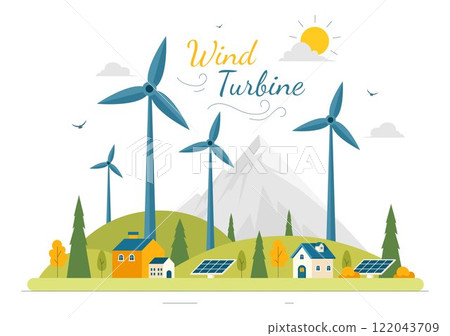 Wind Turbine Vector Illustration Featuring a Sustainable and Renewable Energy Concept with a Green Nature Landscape and Mountain Background 122043709