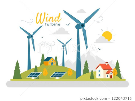 Wind Turbine Vector Illustration Featuring a Sustainable and Renewable Energy Concept with a Green Nature Landscape and Mountain Background 122043715