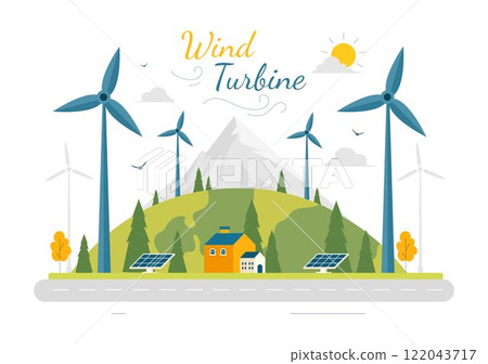 Wind Turbine Vector Illustration Featuring a Sustainable and Renewable Energy Concept with a Green Nature Landscape and Mountain Background 122043717