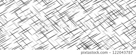 Black cross hatch seamless texture. Diagonal line repeated pattern surface. Rough sackcloth fabric background. Crosshatch linen canvas burlap overlay wallpaper. Vector homespun textile cloth backdrop 122043787