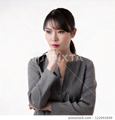 一個手放在下巴上的憂心忡忡的女人 122043849