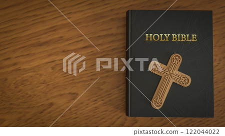 Cross on holy bible book on wood table 3d rendering. Cross on holy bible book on wood table 3d rendering. 122044022