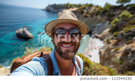 Man, his hat shielding his eyes from the sun, sunglasses glinting, and a joyful smile 122044280