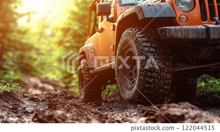 Close-Up of Off-Road Tires on a Dirt Road, Encircled by Nature's Wilderness at Sunset 122044515
