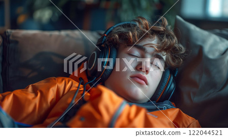 Boy, immersed in music, lies with his eyes closed on a modern couch 122044521