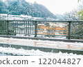 Monkey-patterned fence and snow-covered footbridge 122044827