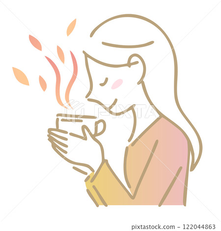 享受熱飲香氣的女人：插畫素材 122044863