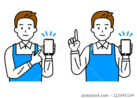A man in an apron showing and explaining a smartphone screen - set A man in an apron showing and explaining a smartphone screen - set 122045134