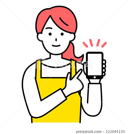 A woman in an apron pointing at a smartphone screen A woman in an apron pointing at a smartphone screen 122045135