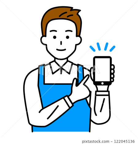 A man in an apron pointing at a smartphone screen A man in an apron pointing at a smartphone screen 122045136