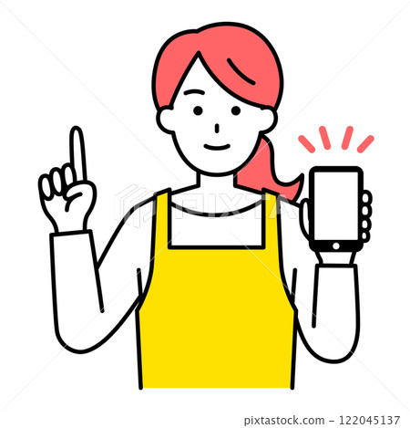 A woman in an apron showing a smartphone screen and explaining A woman in an apron showing a smartphone screen and explaining 122045137