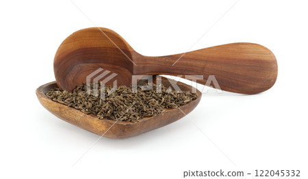 Wooden Spoon and Bowl with Caraway Seeds Displaying Natural Texture 122045332