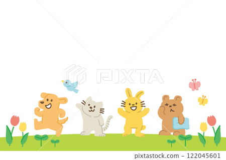 Hand-drawn background illustration of animals happy that spring has come 122045601