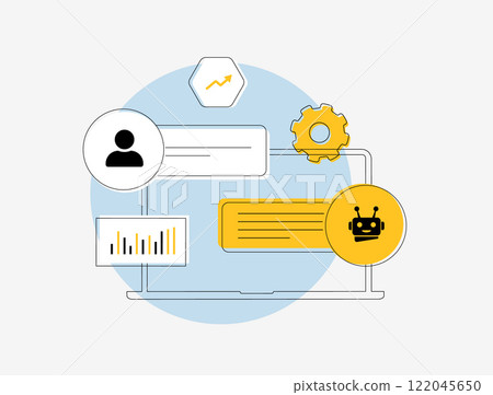 Chatbot Marketing for Lead Generation. Implement chatbots to engage visitors and generate leads through conversations. Chatbot gathering user info and qualifying leads outline vector illustration 122045650
