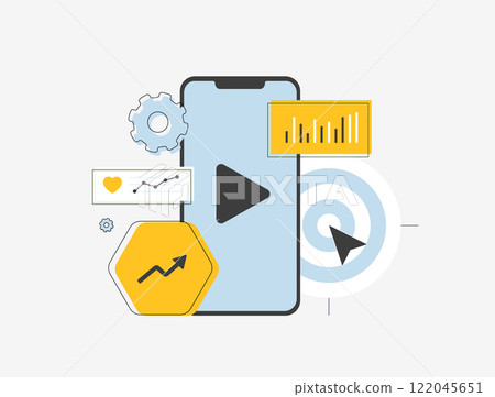 Mobile video analytics illustration with smartphone, play button, charts, growth arrow and target. Video performance, marketing insights, audience engagement and data tracking vector illustration Mobile video analytics illustration with smartphone, play button, charts, growth arrow and target. Video performance, marketing insights, audience engagement and data tracking vector illustration 122045651