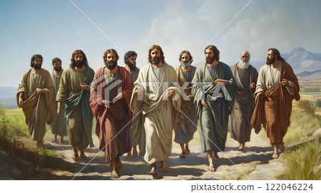 Jesus Christ and his disciples walking 122046224