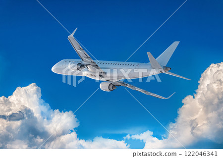 White passenger jet plane fly in the air above scenic clouds 122046341