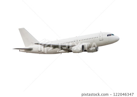 Passenger aircraft flying isolated on white background Passenger aircraft flying isolated on white background 122046347