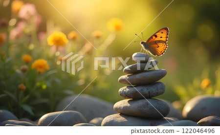 Orange butterfly perched on grey stones with flowers in sunlight, green blurred background Orange butterfly perched on grey stones with flowers in sunlight, green blurred background 122046496