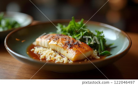 Grilled barramundi fillet with asparagus, cherry tomatoes, rice and yellow sauce on plate Grilled barramundi fillet with asparagus, cherry tomatoes, rice and yellow sauce on plate 122046497