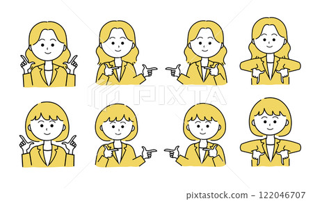 Female illustration set / pointing finger / pointing confirmation / up, down, left and right (yellow) 122046707