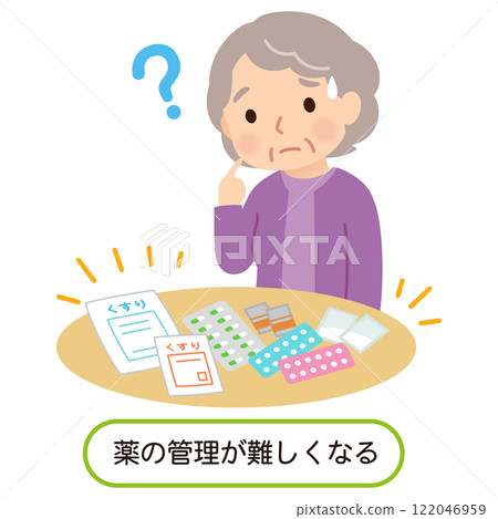 Elderly people with dementia have difficulty managing their medications and look troubled 122046959