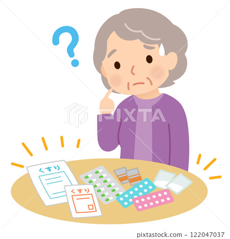 Elderly people with dementia have difficulty managing their medications and look troubled Elderly people with dementia have difficulty managing their medications and look troubled 122047037