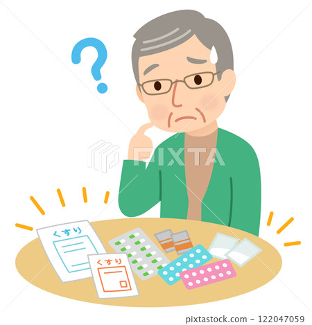 Elderly people with dementia have difficulty managing their medications and look troubled 122047059