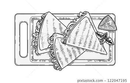 Mexican food. Street meal. Quesadilla sketch drawing. Delicious tortilla on wooden board top view. Meat and vegetables. Dinner cooking. Takeaway lunch. Mexico cuisine. Vector engraving fastfood snack 122047195