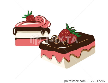 Bakery cake. Sweet dessert. Glazed biscuit with strawberry. Chocolate topping. Sugar cream. Pastry cooking. Fruit souffle piece. Cocoa icing. Holiday pie. Patisserie food. Vector yummy confectionery 122047207