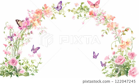 花卉拱門周圍環繞著蝴蝶和鮮花 122047245