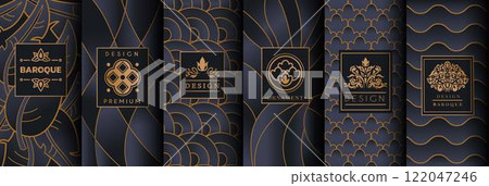 Design label wine. Background pattern gold, black premium luxury graphic. Logo box jewelry, cosmetic packaging. Golden flower card for beauty product presentation. Vector gift with royal tidy ornament 122047246