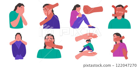 Violence of woman. Abuse victim. Pressure on women. Psychological torture. Family conflict. Girl face with arms. Assault and bullying. Rapist hands. Inner self psychology. Vector garish concepts set 122047270