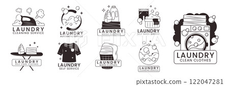 Laundry logo. Clothing wash icons. Basket for clean bedding linen. Washing machine. Label service housekeeping. Retro detergent foam symbols. Laundromat and iron. Vector design garish logotypes set 122047281