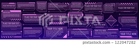 Callout tech frame. HUD box. Futuristic technology. Text border shape. Infographic label. Graphic UI menu element. Title digital message. Template presentation. Vector dashboard hologram banners set Callout tech frame. HUD box. Futuristic technology. Text border shape. Infographic label. Graphic UI menu element. Title digital message. Template presentation. Vector dashboard hologram banners set 122047282