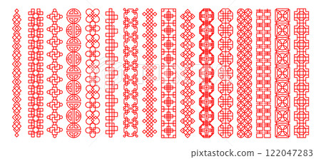 Chinese pattern frame. China ornament. Oriental design. Geometric decorations. Asia sign background. Traditional vintage graphic style. Red line national flat motif. Vector Asian label borders set 122047283