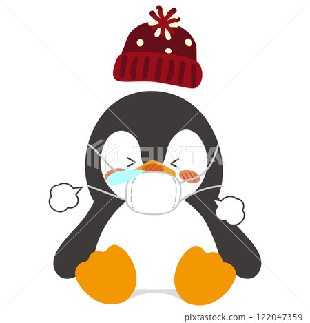 Illustration of a penguin sneezing, having a runny nose, and his hat flying off Illustration of a penguin sneezing, having a runny nose, and his hat flying off 122047359