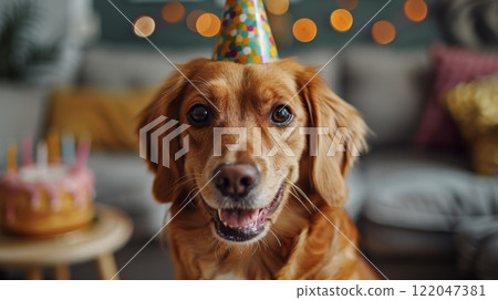Cute fluffy dog with party hat , birthday party 122047381