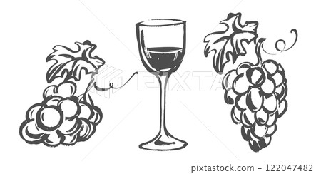 Wine glass and grapes in minimalist style. Vector illustration imitating ink and brush drawing. Clipart for wine list, winery and craft wine. 122047482